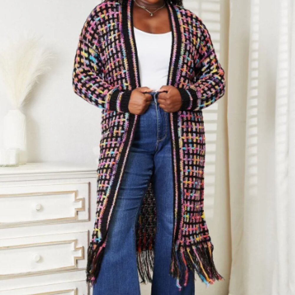 📣CLEARANCE📣 Boho Black Rainbow Open Front Fringe Long Cardigan - Picture 7 of 7